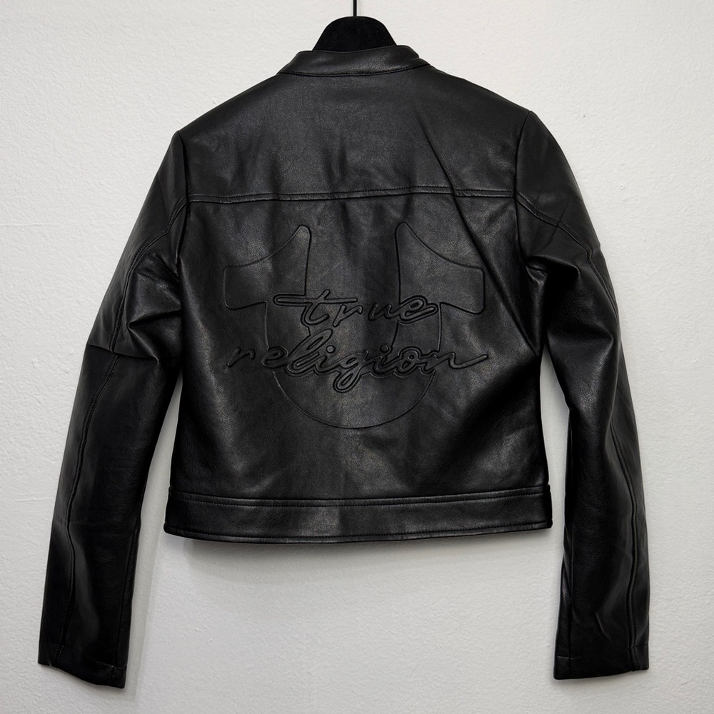 True Religion Black Cropped‎ Biker Jacket with White Stripes Size S - Picture 3 of 6
